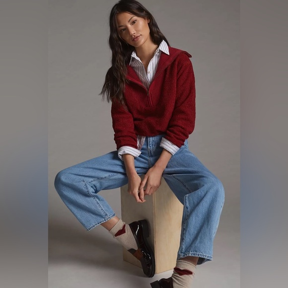 Anthropologie Dolan Left Coast Sherpa Quarter-Zip Pullover Red Sweater NWT Sz S - Picture 4 of 12